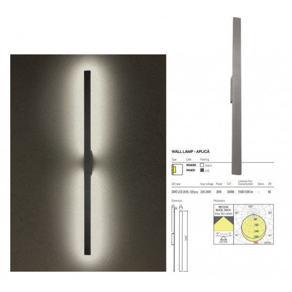 Aplica LED de exterior liniara REFELXA 20W 1240mm gri inchis alb mat iluminare indirecta lumina calda IP54