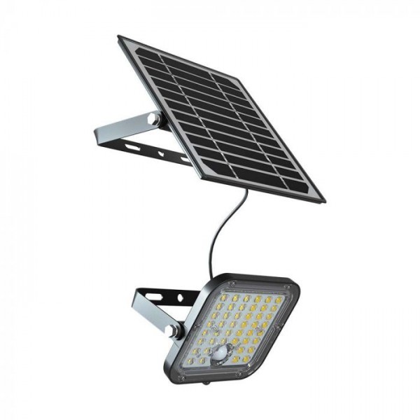 Proiector LED 10W corp negru cu senzor PIR si panou solar baterie LiFePO4 3.7V 3600mA inlocuibila si control inteligent cu telecomanda IP65