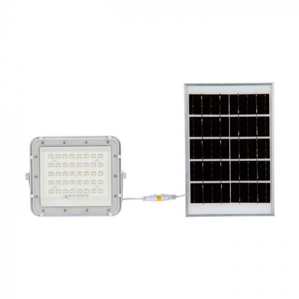 Proiector LED 10W corp alb cu panou solar 80W baterie fast charge inlocuibila si control inteligent cu telecomanda IP65