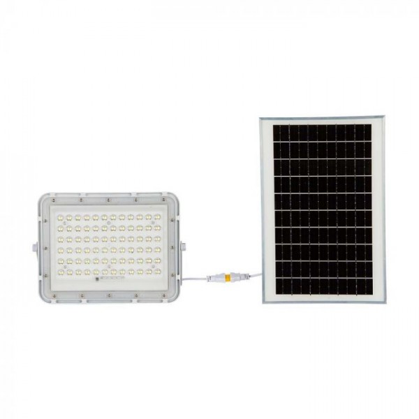 Proiector LED 15W corp alb cu panou solar 120W baterie fast charge inlocuibila si control inteligent cu telecomanda IP65