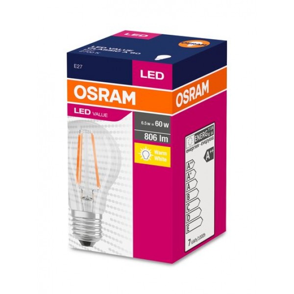 Bec LED filament clar 6.5W OSRAM Value E27 A60 lumina calda