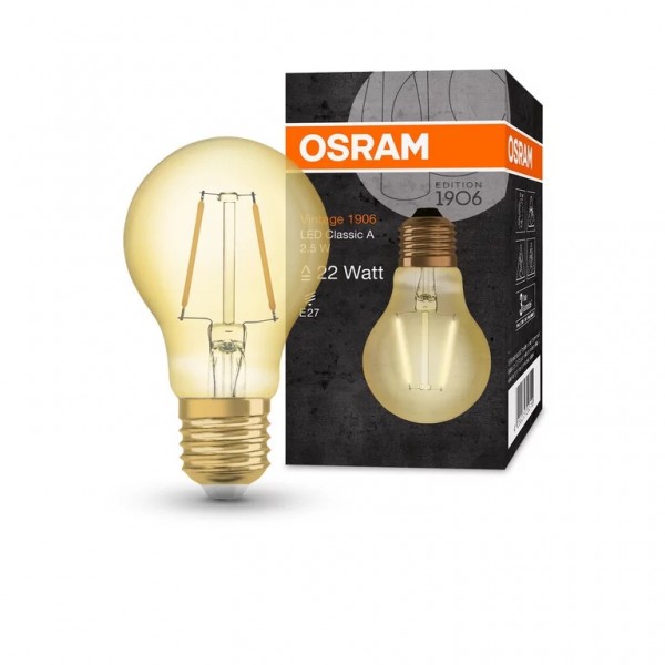 Bec LED filament sticla amber 2.5W OSRAM Vintage 1906 Class A E27 lumina calda 2400K