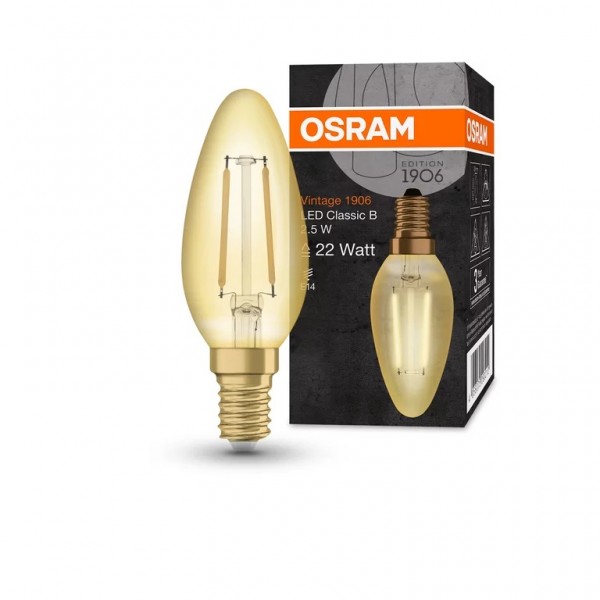 Bec LED filament sticla amber 2.5W OSRAM Vintage 1906 Class B E14 lumina calda 2400K