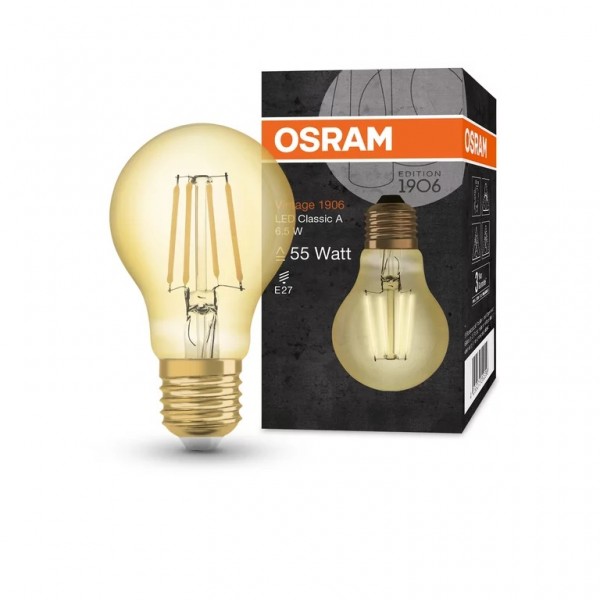 Bec LED filament sticla amber 6.5W Class A OSRAM Vintage 1906 E27 2400K