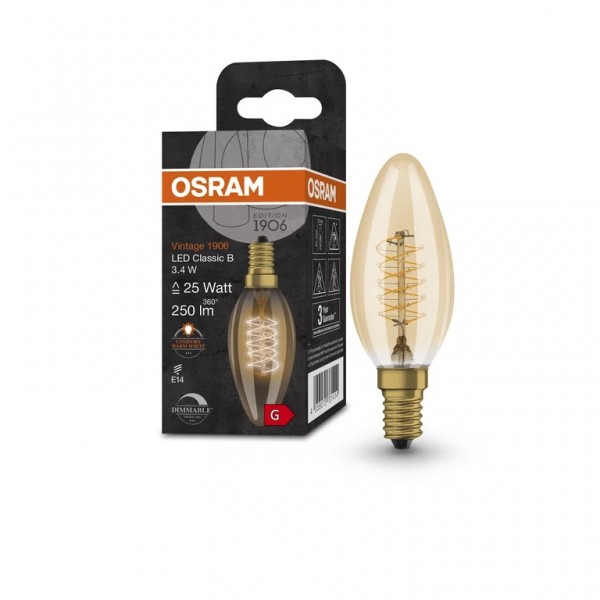 Bec LED filament clasic amber 3.4W OSRAM Vintage 1906 B25 E14 dimabil lumina calda 2200K