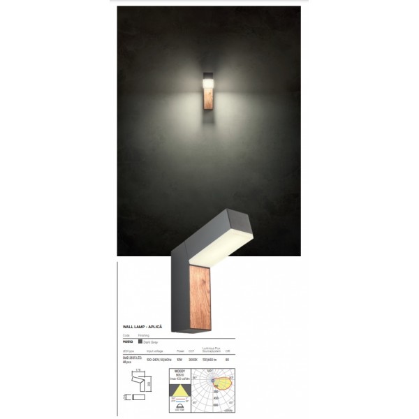 Aplica LED de exterior WOODY 10W gri inchis imprimeu lemn lumina calda IP54